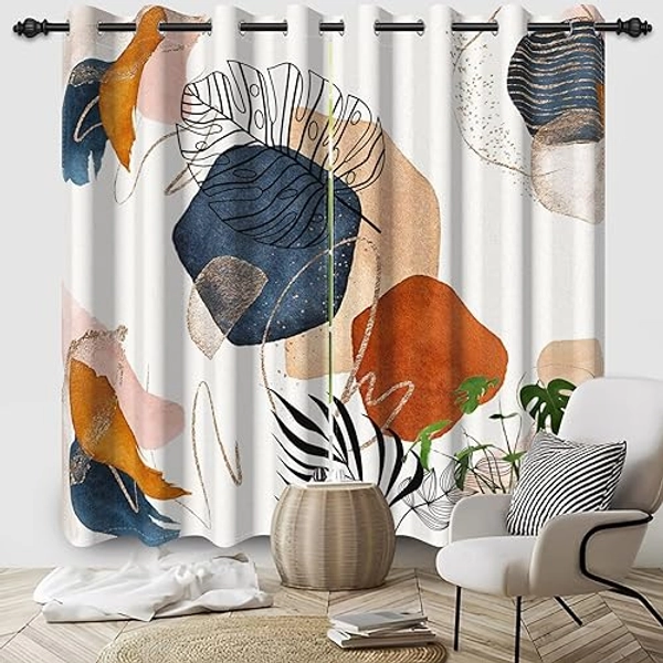 Ruelvth Mid Century Boho Blackout Curtains, Abstract Leaves Window Curtain for Living Room Navy Blue Terracotta Thermal Insulated Window Treatment Grommets Room Darkening Drapes, 42x63 Inch, 2 Panels - Navy Blue - 42"W x 63"L (Pack of 2)