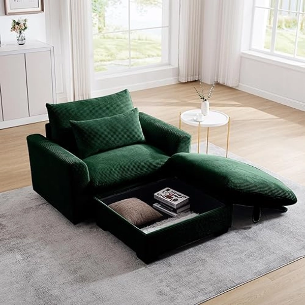 Accent Chair Oversized Arm Chair Corduroy Fabric Single Sofa Chair with Storage Ottoman Comfy Reading Chair Extra Large Extra Deep Extra Wide Living Room Chairs for Bedroom Office Apartment - Green - Chair+Ottoman