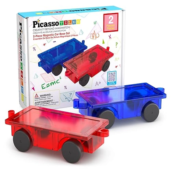 PicassoTiles 2 Piece Car Truck Construction Kit Toy Set Vehicle for Magnetic Blocks Building Tile Sensory Magnet Toys with Re-Enforced Hitch & Long Bed Educational Puzzle Girls Boys Toddlers Ages 3+ - red&blue