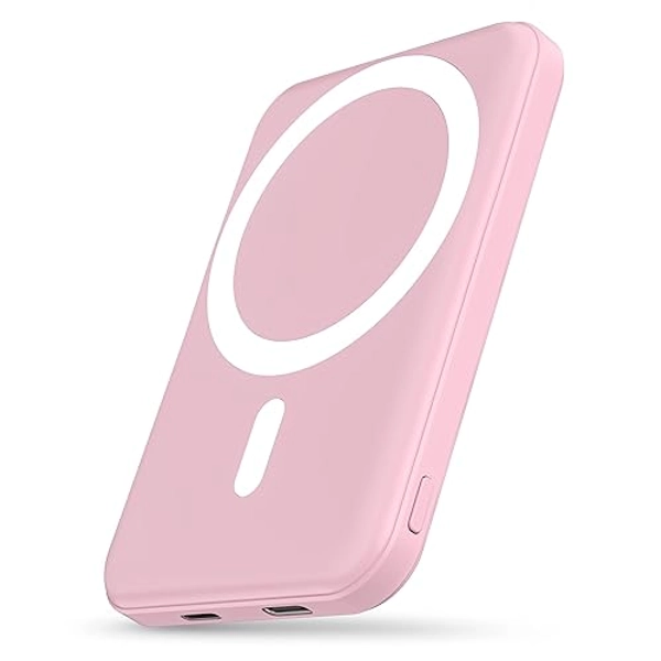 podoru for Magsafe Battery Pack, 5000mAh Magnetic Power Bank with Type-C Cable 20W PD Fast Charging Lighting Input Wireless Portable Charger for iPhone 16/15/14/13/12/ All Series-Pink - Pink