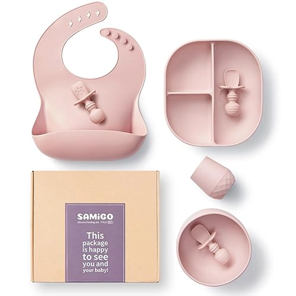 SAMiGO Silicone Baby Feeding Set, Baby Led Weaning Supplies, Suction Bowl Plate Bib Cup Self Feeding Spoons, Solid Food Eating Essentials, First Stage Utensils, 6+ Months - Blossom