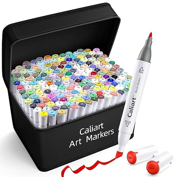 Caliart 180 Colors Fine & Chisel Alcohol Markers for Adult Coloring Book, Dual Tip Artist Sketch Art Markers, Aesthetic Cute Preppy Stuff School Supplies, Pens for Lettering Drawing Cards Planner - 180 Colors