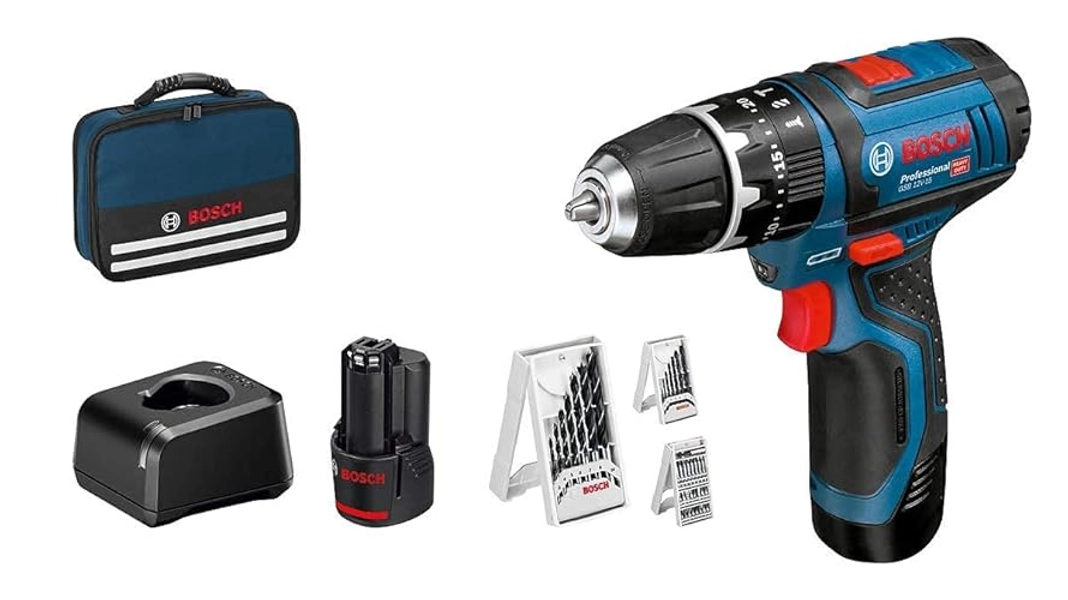 Bosch Professional 12V System Akku Schlagbohrschrauber GSB 12V-15 (Bohr-Ø Holz max: 19 mm, inkl. 2x 2.0Ah Akku + Ladegerät, 2x Bohrer-Set, 1x Bit-Set, Werkzeugtasche) - Amazon Exclusive Set Set - GSB 12V-15 (in Tasche) - + 2x2.0Ah Akku+Lader