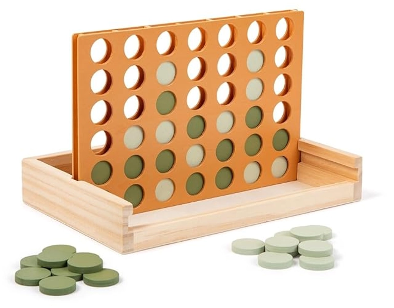 Neutral Wooden Four in a Row Game, Aesthetic Two Player Montessori Travel Board Game for Kids and Adults, Perfect Coffee Table Decor and Housewarming Gift