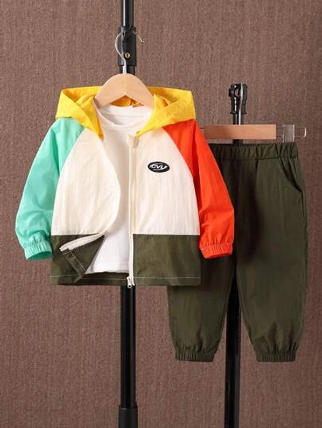 2pcs Baby Boy Casual Printed Solid Color Contrast Splice Long Sleeve Hooded Zipper Jacket And Sweatpants Set, Suitable For Spring & Autumn, Everyday, Casual, Sports, School, Outdoor, Travel