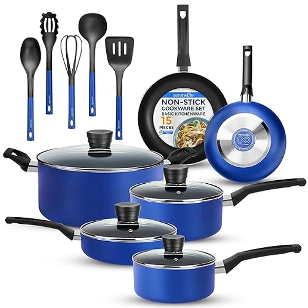 SereneLife Kitchenware Pots & Pans Basic Kitchen Cookware, Black Non-Stick Coating Inside, Heat Resistant Lacquer (15-Piece Set), One Size, Blue - Blue
