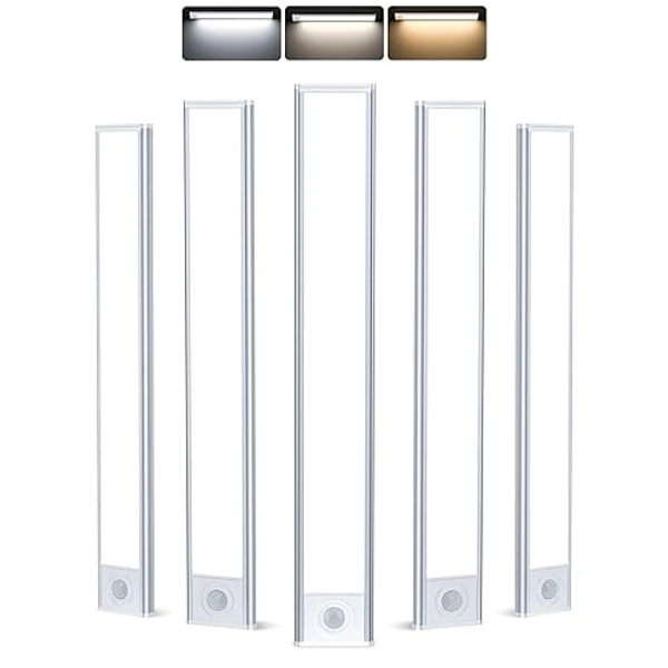 TRUMPETS 30cm Unterbauleuchte Küche led, 3000mAh Schrankbeleuchtung mit Bewegungsmelde 3 Farben, kleiderschrank beleuchtung für Küche,Schrank,Regale,Vitrinen [Energieklasse G] (5 Stk | Pro) - 5 Stk | Pro