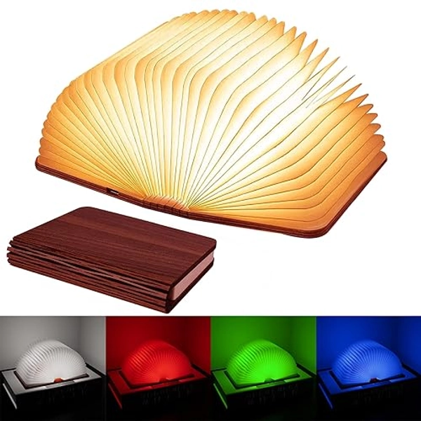 Vergissm Wooden Book Light, Upgraded 5 Colors Novelty Lighting 360° Folding Book Lamp Blue/Green/White/Orange/Red Lights LED Paper Lantern for Desk, Room, Library Decor - 5 Colors