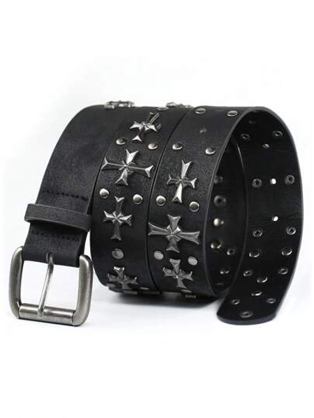 LCG LUCHENGYI Cinturón con tachuelas para mujer y hombre, estilo Y2K, cinturón de metal de estilo punk rock con remaches falso con remache en forma de cruz para pantalones vaqueros