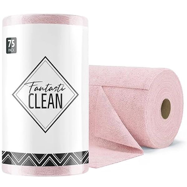 Fantasticlean Mikrofaser Reinigungstücher, 75 Stück pro Rolle Abreißbare Putztücher, Wiederverwendbare Fusselfreie Lappen für Auto, Küche und Haus 30x30cm-Rosa - Rosa