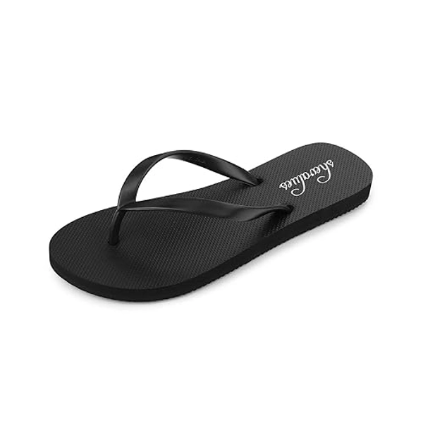 shevalues Slim Flip Flops for Women Beach Rubber Shower Shoes Basic Thong Sandals - 7.5 - Black