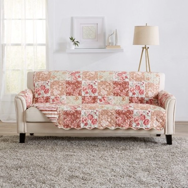 Great Bay Home Floral Patchwork Reversible Furniture Protector  (Sofa, Burgundy / Taupe)