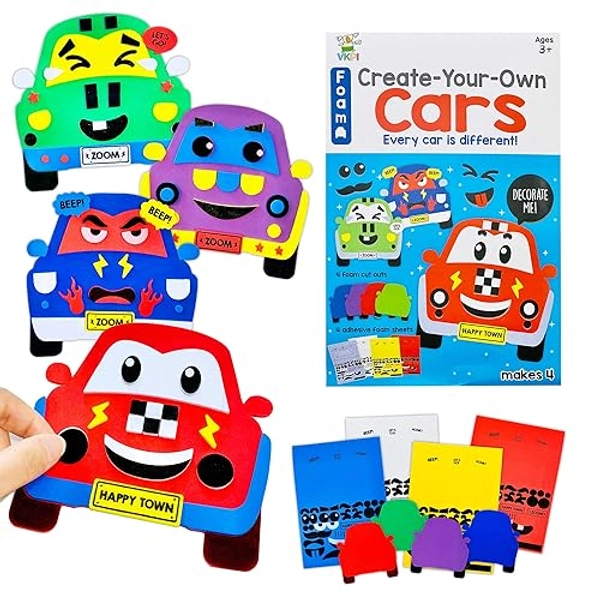 VKPI 4 Pieces EVA Foam Art Crafts Gift Kit, Creative Make Your Own Cars, Cartoon Foam Paper Craft Projects for Kids Ages 4+ Toddler, Preschool Learning Toy for Birthday Party Favor Supplies - Cars