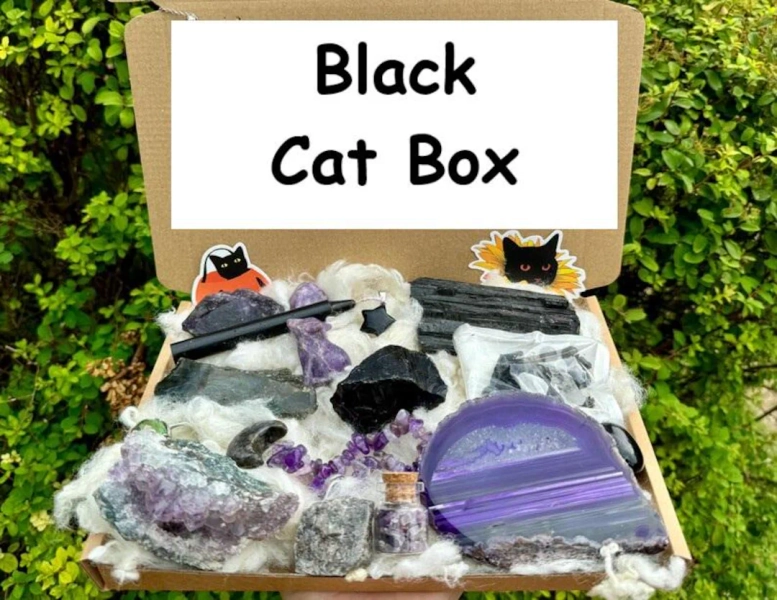 Black Cat Crystals, Halloween Stone Box, Lucky Witch Cat, Salem Cat Gem Box, Magic Cat Geode Box, Witch Cat Crystal Set, Black Kitty Stones - Etsy UK
