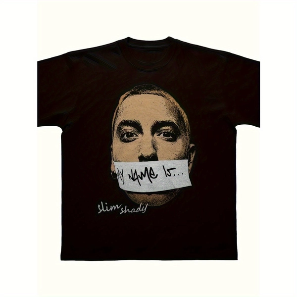 Men's Slim Shady 1pc Graphic Tee - 100% Cotton Crew Neck T-Shirt - Casual Hip-Hop Street Style, All-Season Comfort, Slight Stretch Knit Fabric, 220g - Black