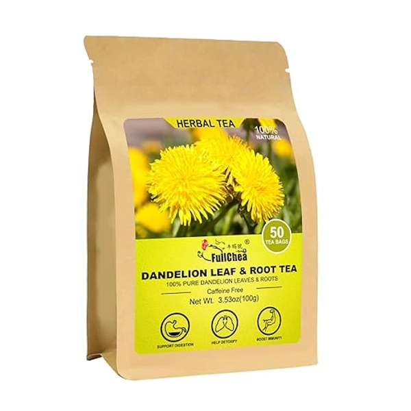 FullChea - Dandelion Leaf & Root Tea bags, 50 Teabags - Natural Dandelion Herbal Tea for Liver & Kidney Health - Non-GMO - Caffeine-free - Support Digestion & Boost Immune System - Dandelion Leaf & Root Tea - 50 Count (Pack of 1)