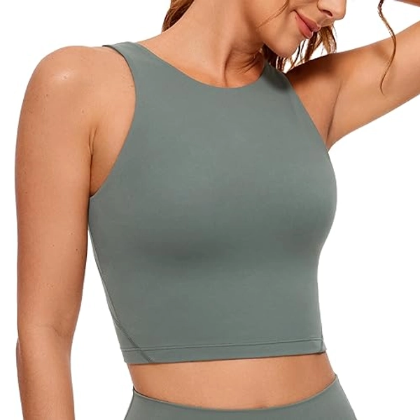 CRZ YOGA Butterluxe Womens High Neck Longline Sports Bra - U Back Padded Crop Workout Tank Top with Built in Bra - Large - Grey Sage