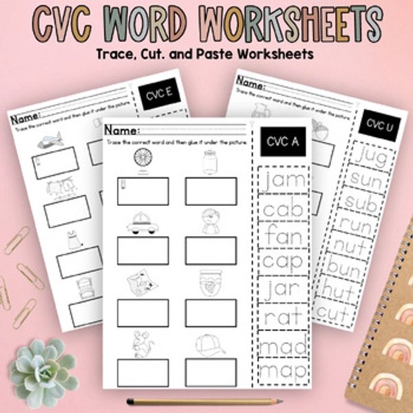 Kindergarten CVC Word Trace, Cut, and Paste Worksheets