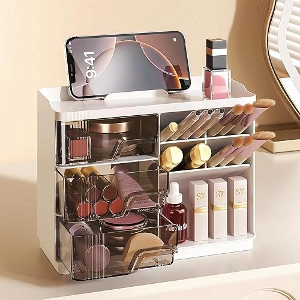 Delamu Makeup Organizer with Drawers, Multi-Function Vanity Organizer Countertop, Stackable Desk Organizer for Makeup Brush Lipstick Skincare Bathroom Vanity Organization and Storage, White - White