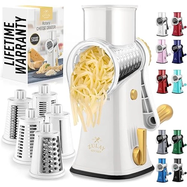 Zulay Kitchen Rotary Cheese Grater 5 Blade Cheese Shredder - Manual Hand Crank Cheese Grater With Reinforced Suction & 5 Interchangeable Drums - Easy to Use, Vegetable Chopper Round Mandoline Slicer - 5 Blades - Champagne Frost