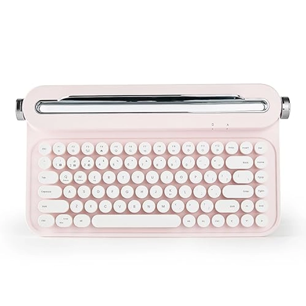 YUNZII ACTTO B305 Wireless Typewriter Keyboard, Retro Bluetooth Aesthetic Keyboard with Integrated Stand for Multi-Device (B305, Baby Pink)