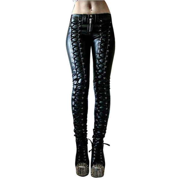 Lace-up Studded Skinny PU Leather Pants - Black / M