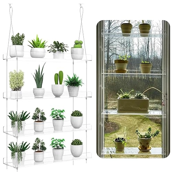 4-Tier Hanging Clear Plant Shelves for Windows, Acrylic Window Wall Plant Stand Shelf for Kitchen Indoor Gardens, Flower, Succulents, Herb, Seedling Organization, and Pots Display, 16 Inch per Tier - 4 Tier