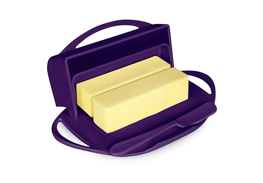 Butterie Flip-Top Butter Dish with Lid & Matching Knife, Holds 2 Sticks/Kerrygold Butter, No-Mess Butter Holder, Shatterproof, Dishwasher Safe, Purple - Purple
