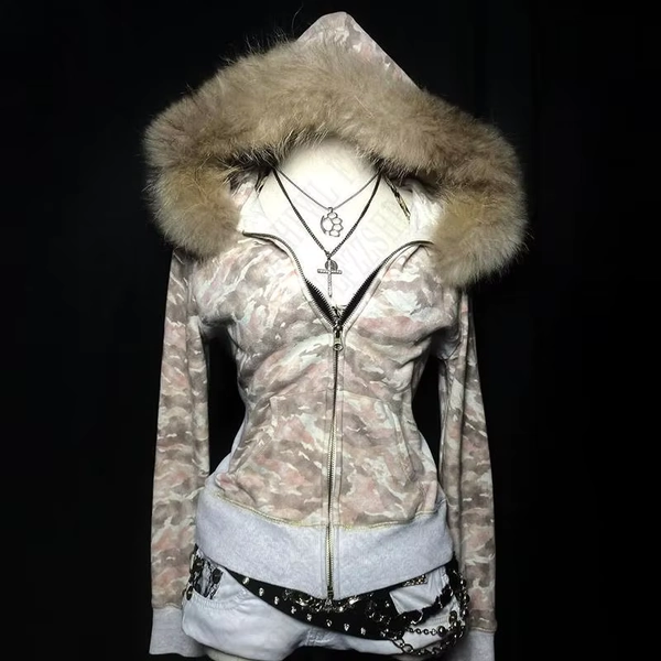 Streetwear Y2K Zip up hoodie Dark Faux Fur Collar Camouflage Rock Goth Zipper Hoodie sweatshirt Punk Hip Hop Jacket Vintage EMO - AliExpress 200000345