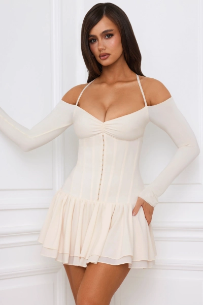 Off-Shoulder Tiered Corset Mini Dress in Ivory | 0 / Longer Length +2