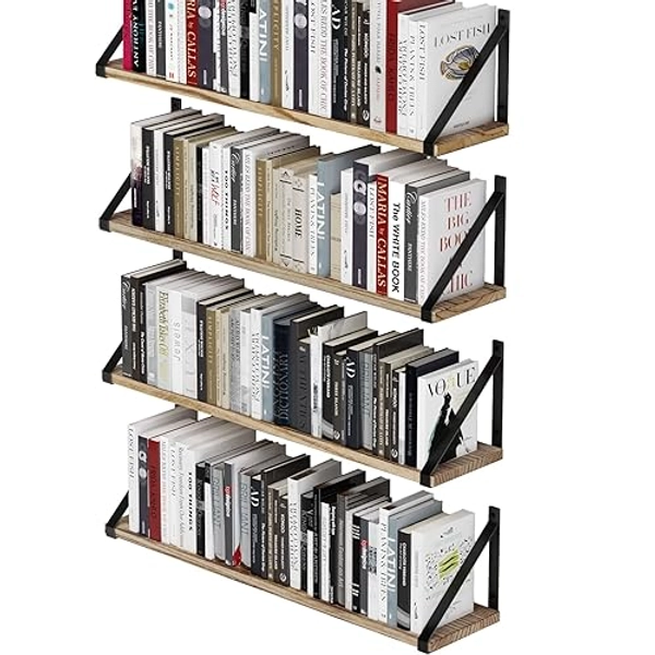 Wallniture Bora Floating Shelves, 24”x6”, Set of 4, Small Bookshelf Unit for Living Room, Office, Bedroom, Natural Burned Rustic Wood Wall Decor with Metal Shelf Bracket