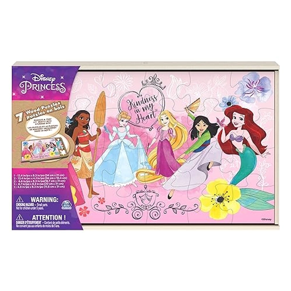 Disney Princess, 7 Wood Puzzles Jigsaw Bundle 12-Piece 16-Piece 24-Piece Ariel Tiana Rapunzel Pocahontas with Storage Tray, for Kids Ages 4 and up - Disney Princesses