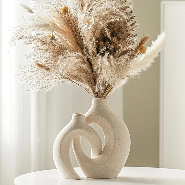 Snuggle Hollow Ceramic Vase Set of 2, Nordic Modern Boho ins Style Decorative Ceramic Aesthetic Flower Vase for Home Decor (Milky White W 6.3" X H 8.4") - Cream White