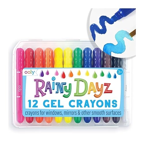 Ooly Rainy Dayz Gel Crayons for Kids - Set of 12 Rainbow Color Crayons for Glass and Paper Surfaces with Clear Plastic Crayon Case for Easy Portability - Safe and Non-Toxic - Rainy Dayz Gel Crayons