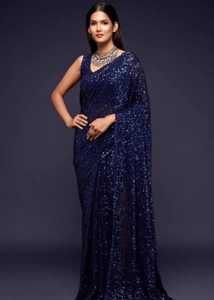 Berry Blue Sequins Georgette Saree