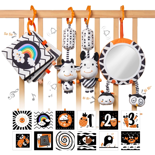 TUMAMA Baby Toys Gift Set Black and White Tummy Time Mirror Plush Rattles Rings and Crinkle Soft Cloth Book Flashcard, Car Seat Stroller Hanging Toy for 0 3 6 9 12 Months Newborn Infant Toddler
