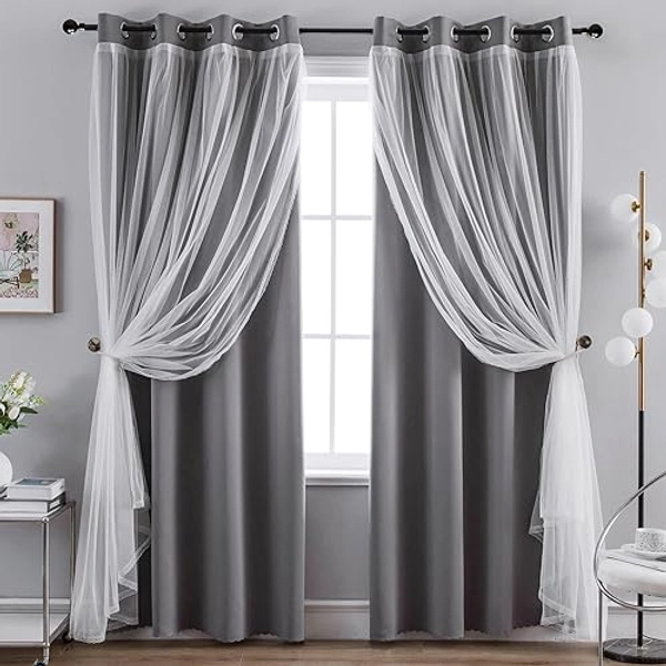 Anytime Home Curtains Blackout and Sheer Layered Solid Window Curtain Panel Pair with Grommet Top, 52Wx63L,Grey - 52"W x 63"L (Pack of 2) - Grey