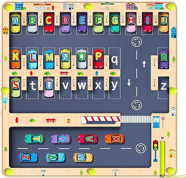 Magnetic Alphabet Maze Letter Puzzle, Montessori Toddler Travel Toys for Boys Girls 3 4 5 Years Old, Alphabet Learning Letter Toddlers Puzzle Board, Sensory Toys Birthday Gifts for Toddlers - Alphabet Parking Maze