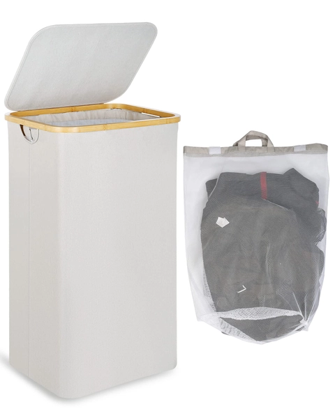 efluky Large Laundry Basket with Lid, 100L Tall Laundry Basket with Bamboo Handles for Clothes and Toys Storage, Freestanding Collapsible Laundry Hamper with Inner Bag for Bedroom and Bathroom, Beige - Beige