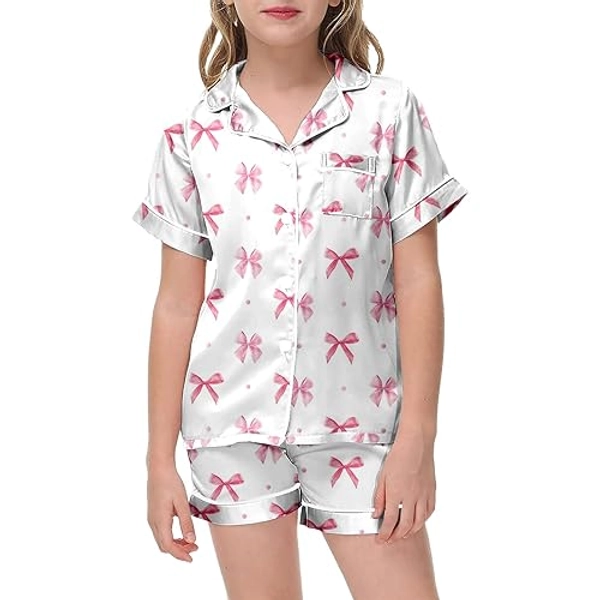Bow Pajamas, Silk Satin Pajamas, Valentines Day Pajamas Cute Bow Pjs 2 Piece Button Up Short Sleeve Shirts and Shorts Loungewear Sets Comfort Sleepwear Pink,12-13 Years