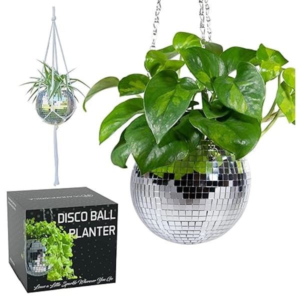 SCANDINORDICA Jardinière Boule Disco – Pot de Fleurs Boule à facettes avec chaîne et Corde en macramé, Boule a Facette, Cadeaux Femmes | Décoration d’intérieur – 15 cm Argent - 6" Silver