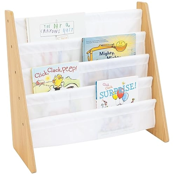 Humble Crew, 4 tier, Natural/White Kids Book Rack Storage Bookshelf with Deep Sleeves, Universal