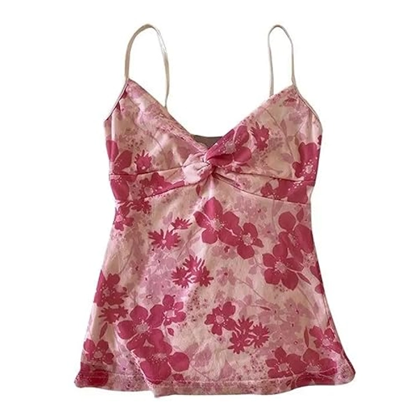 Emo Coquette Cropped Top Grunge 2000s Spaghetti Strap Tops Streetwear Vintage Camisole Y2k Cheetah Tops - Hot Pink Flower - Small