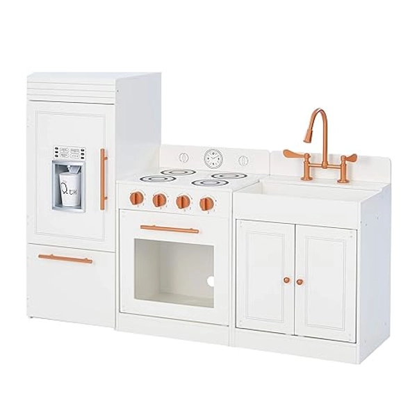 Teamson Kids Little Chef Paris Modular Contemporary Interactive Wooden Play Kitchen with Refrigerator, Oven, Sink, and Storage Space for Easy Clean Up, White with Rose Gold Finishes - White/Gold