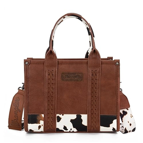 Wrangler Cow Print Tote Bag for Women Western Purse Boho Top Handle Satchel Handbag with Signature Strap - Cow Print Brown