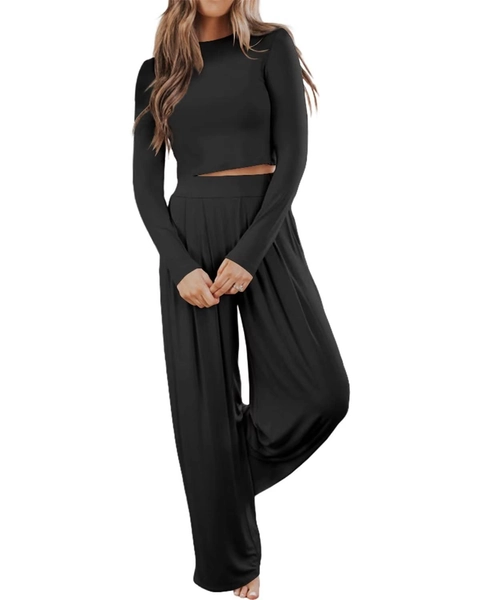 Ezbelle Womens 2 Piece Lounge Outfits Pajama Set Long Sleeve Crop Top Long Pant Pocket Pjs Sweatsuit - Black - Large