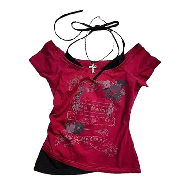 Baby Tee Y2k Women Grunge Top Emo 2000s Vintage Fake Two Piece Short Sleeve T Shirt Crop Tops Teens - Red - Medium