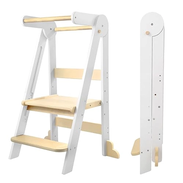 Nordi Foldable Toddler Kitchen Tower,Montessori Kitchen Stools Helper,Standing Tower with 3 Adjustable Heights,Suitable Age for 1.5-6 Years,White - White