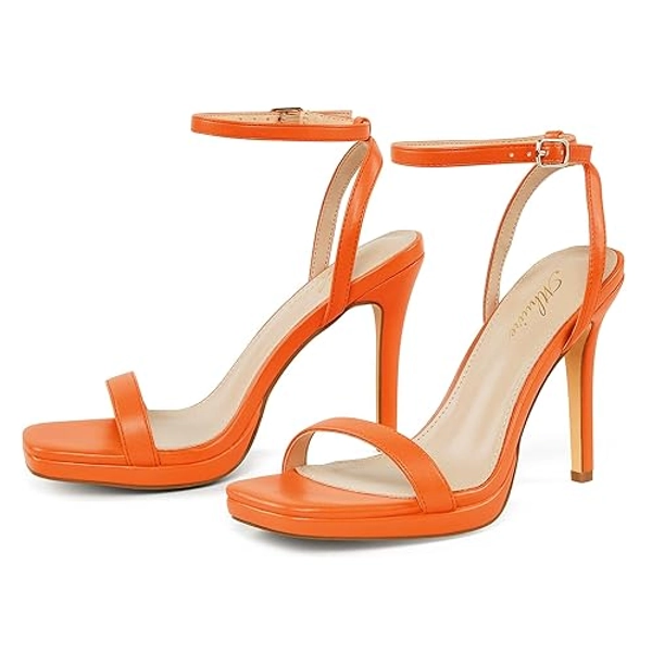 Women’s Stiletto Strappy Heeled Sandals, 4.3 Inch Square Open Toe Sexy High Heels Ankle Strap Buckle Heels for Party Wedding Dress Daily Wear Shoes - 8 - Orange Matte