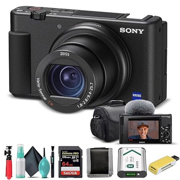 Sony ZV-1 Digital Camera Black DCZV1/B, 64GB Memory Card, Card Reader, Deluxe Soft Bag, Flex Tripod, Memory Card Wallet, Cleaning Kit